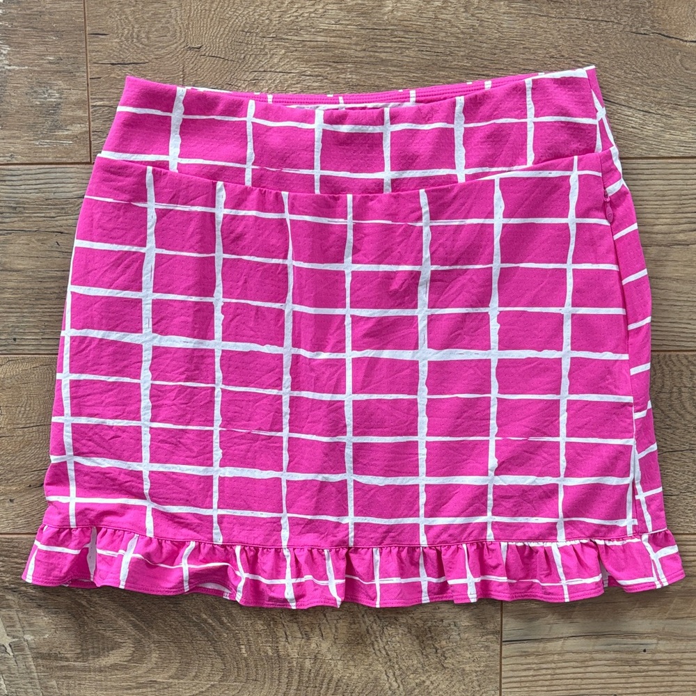 IBKUL Skort Women's medium pink/White Cordova Ruffle Trim Skort UPF 50. EUC